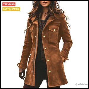 Faux Suede Slim Fit Zip Up Utility Jacket Long Sleeve Mid Length Shacket